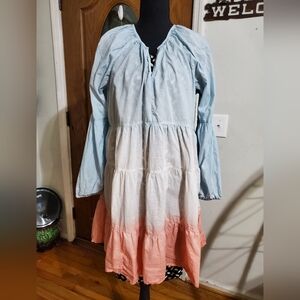 Simply Southern Ombre Tiered Dress Blue Peach Boho Peasant Cottagecore Size L